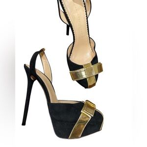 Charlotte Olympia / black platform bow gold tall Black Stiletto slingback 39 9